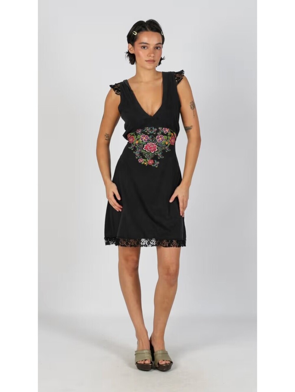 Vintage Y2K 90's Desigual Floral Lace Trim Woven Mini Dress M